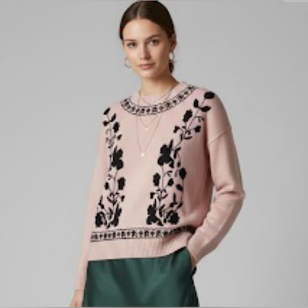 Christina Cashmere Blush Pink & Black Floral Crew Neck Sweater 100% Cashmere
